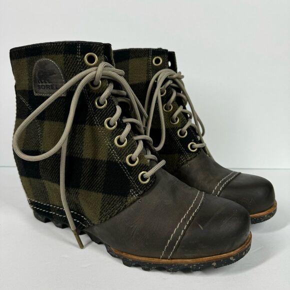 Sorel Wedge Ankle Buffalo Check Plaid PDX Boots Green Black Booties Size 11 - Picture 1 of 12
